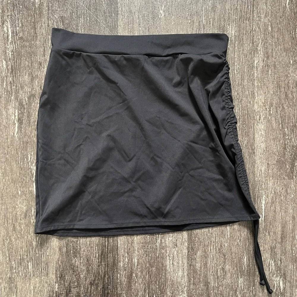 Ta3‎ Black Mini Skirt Drawstring Ruched Side Stretch Casual Activewear L